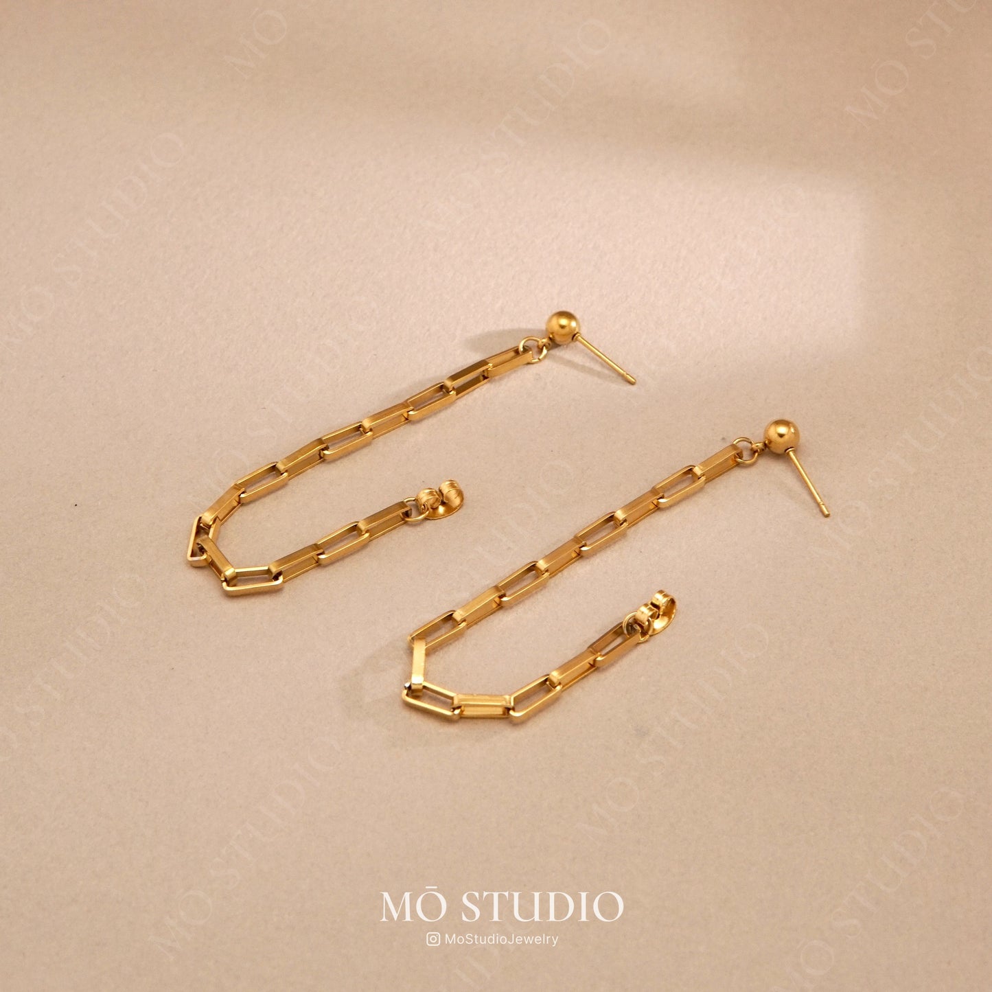 Long Chain Ear Jacket Earrings – 18K Gold Drop Studs