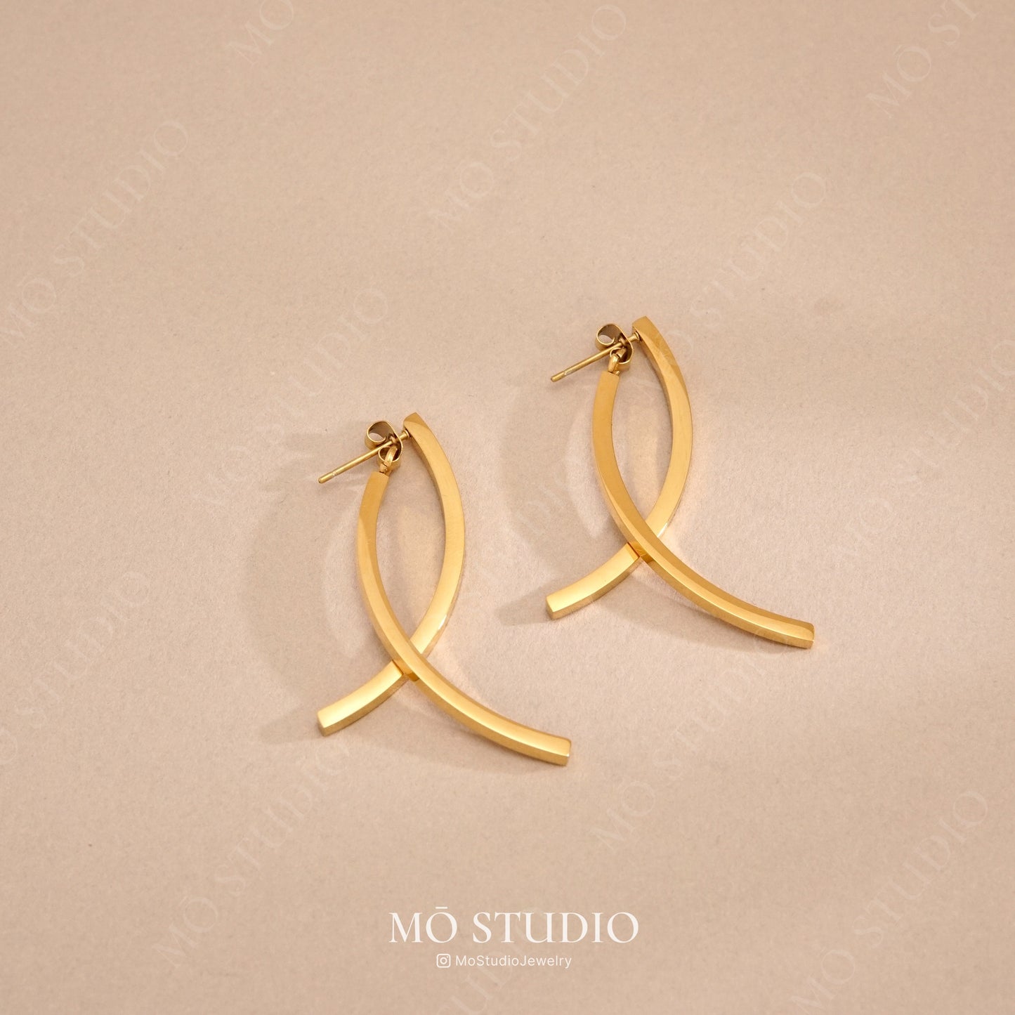 minimalist long drop earrings with gold spiral hook