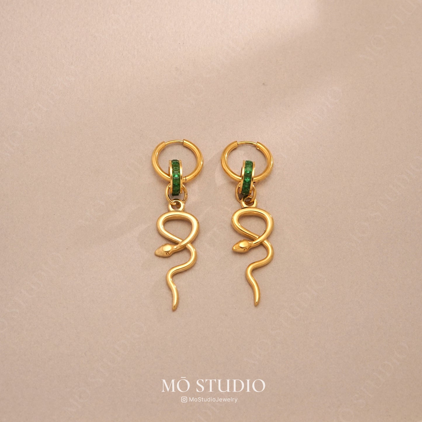 Large Gold Snake Hoop Earrings with Green Crystal Charm
