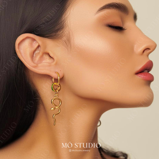 statement serpent hoop earrings with crystal charm