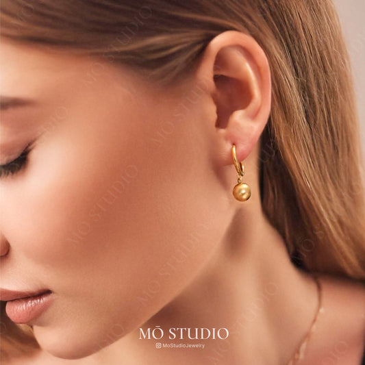 sculptural gold sphere drop hoop earrings