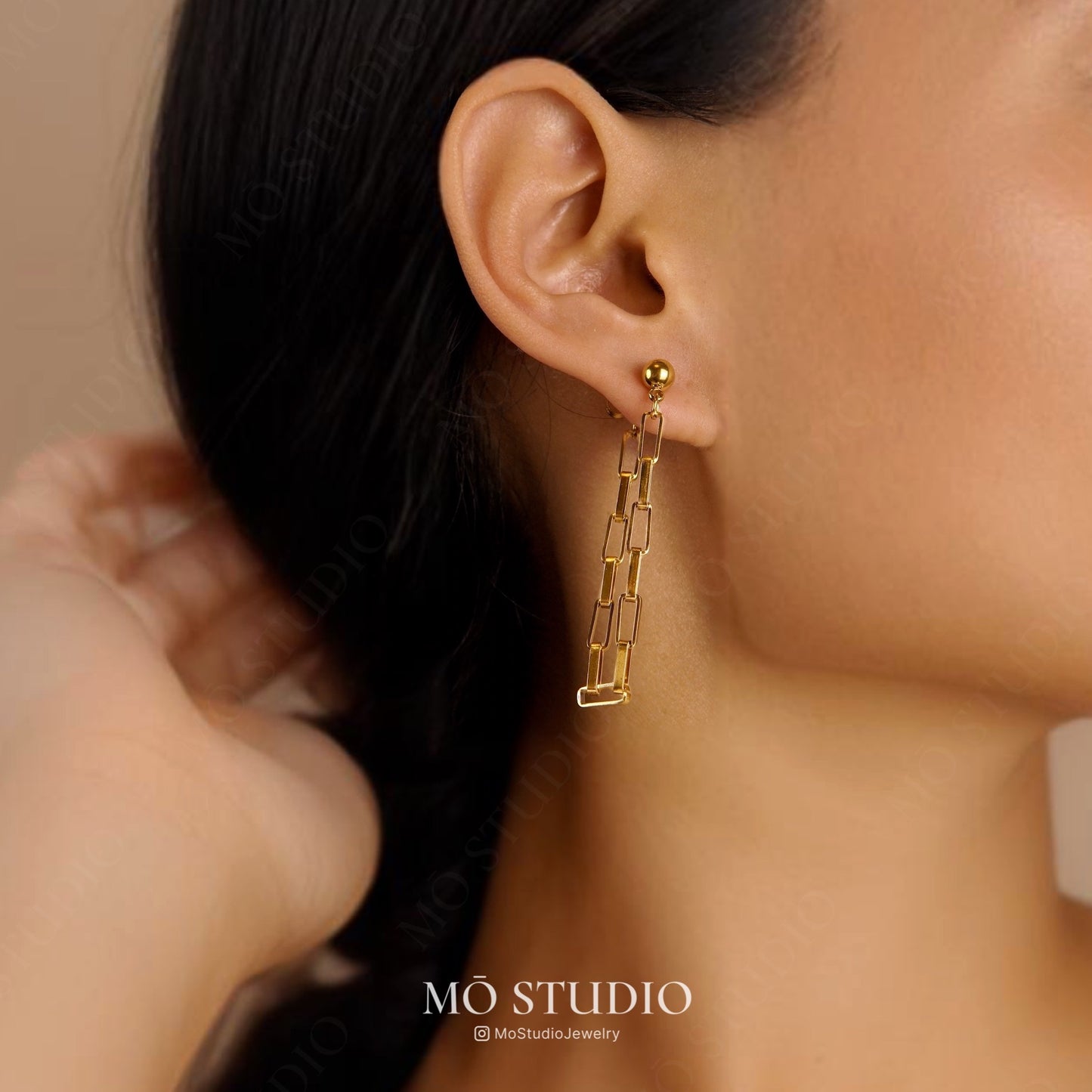 Long Chain Ear Jacket Earrings – 18K Gold Drop Studs