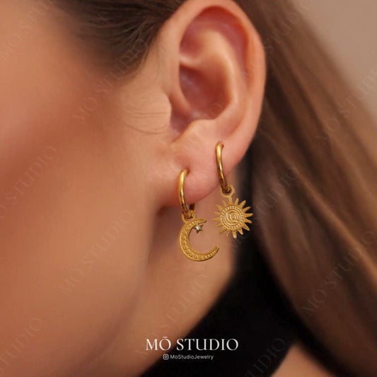 asymmetrical celestial charm huggie hoops