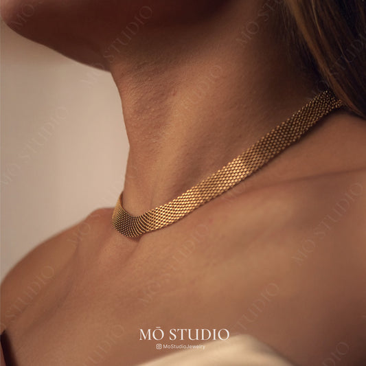 Gold Mesh Choker Necklace & Bracelet Set