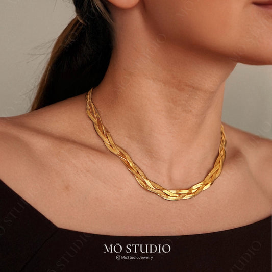 18k gold double herringbone chain necklace waterproof stainless steel