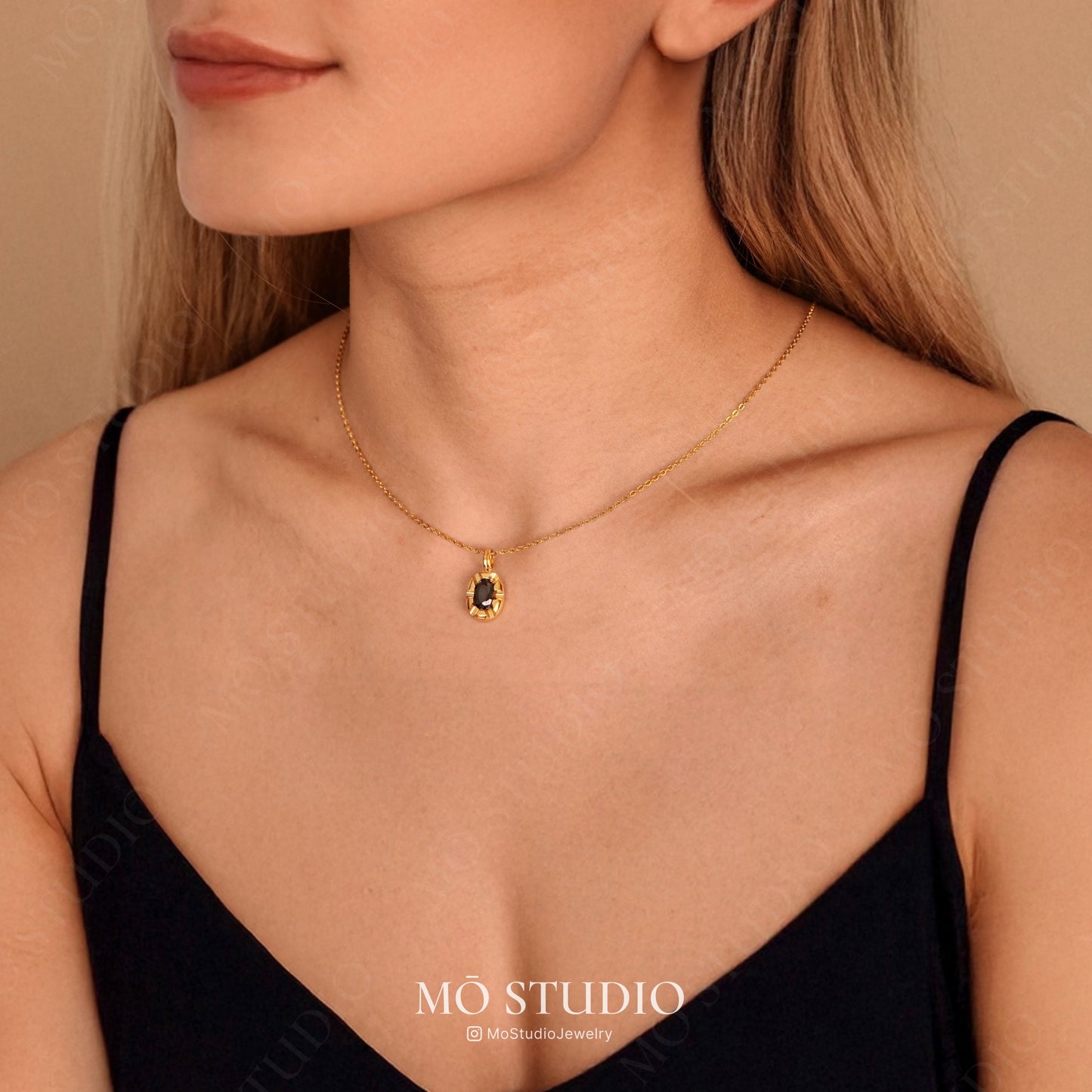 minimalist gold chain necklace with black stone