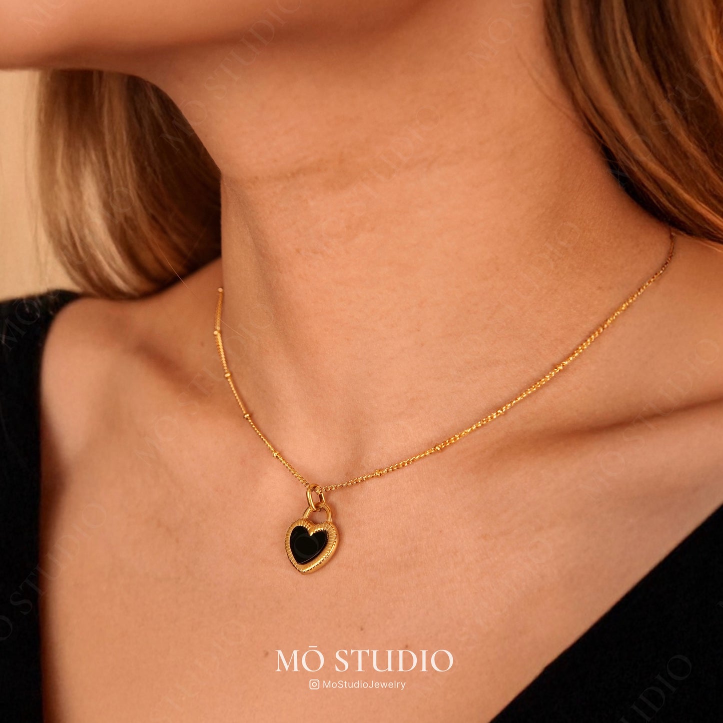 Reversible Mother of Pearl & Black Onyx Heart Necklace