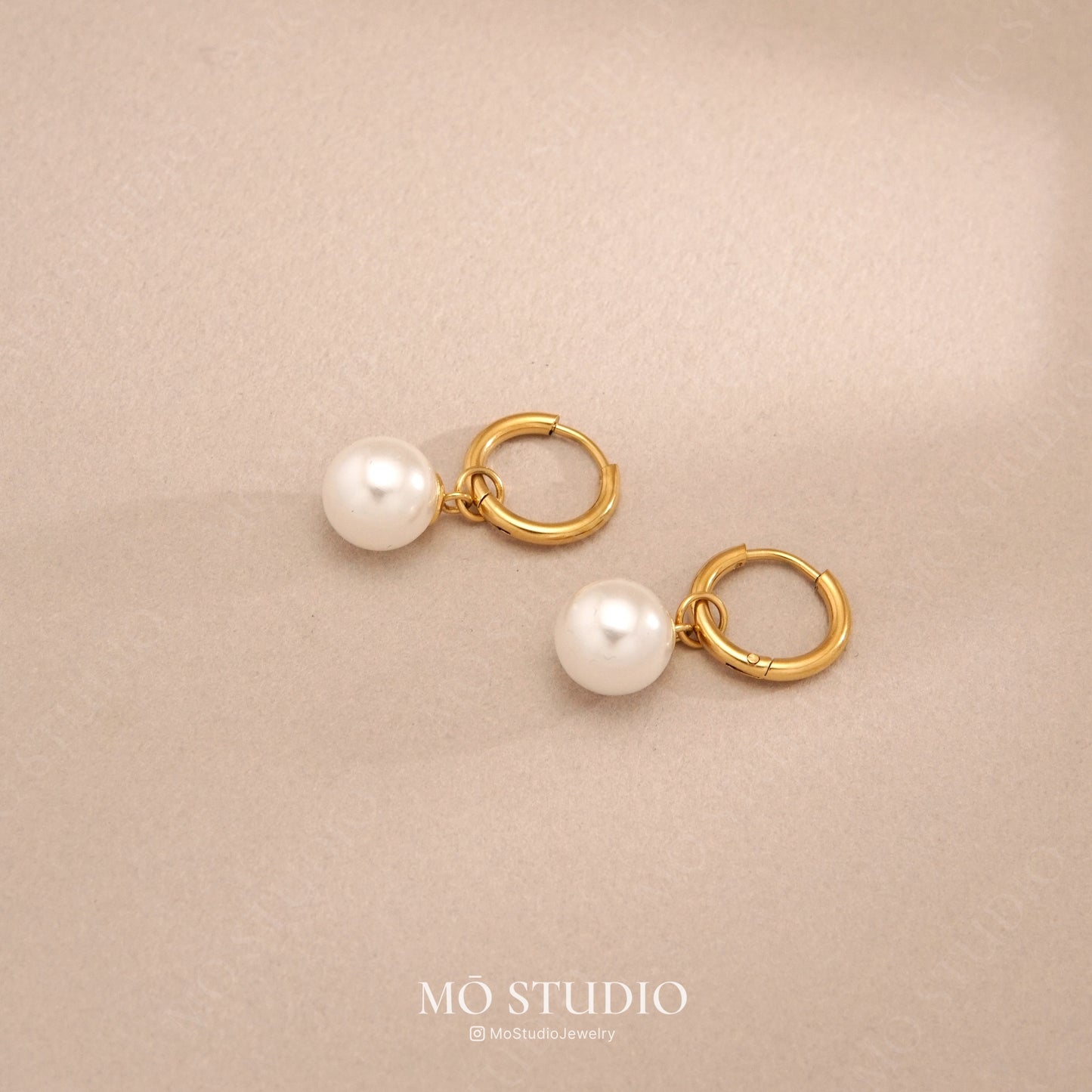 minimalist pearl hoop earrings with gold finish