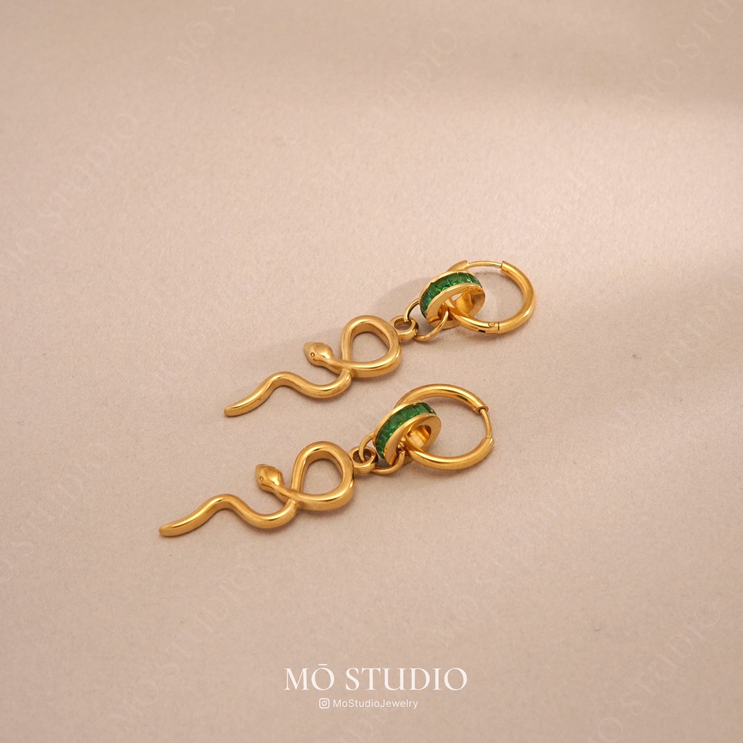 Large Gold Snake Hoop Earrings with Green Crystal Charm
