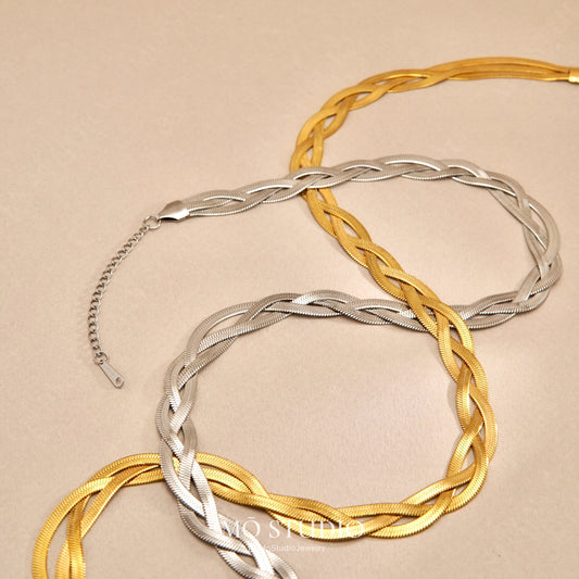woven triple snake chain necklace in gold or silver layered style