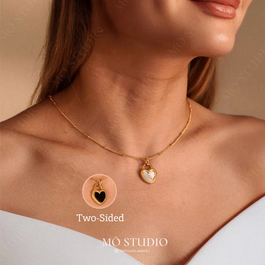 Reversible  Mother of Pearl & Black Onyx Heart Necklace